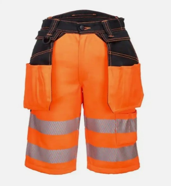 Orange shorts with hanging pockets